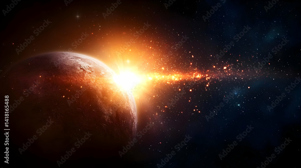 Obraz premium Dramatic Planet Near Explosive Star Burst In Outer Space