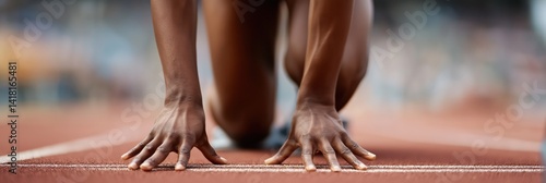 An intense close-up of a sprinter's hands poised on a racing track, capturing the anticipation and determination that precedes a thrilling competition.
