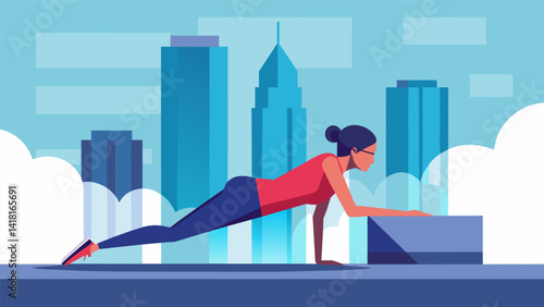 A person holding a plank position on a virtual skyscr ledge with a bustling virtual city below.. Vector illustration