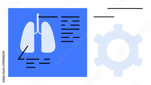 Lung diagram with labeled parts on a blue background and gear icon representing systems, data, and processes. Ideal for healthcare, analysis, diagnostics, anatomy, medical research, collaboration