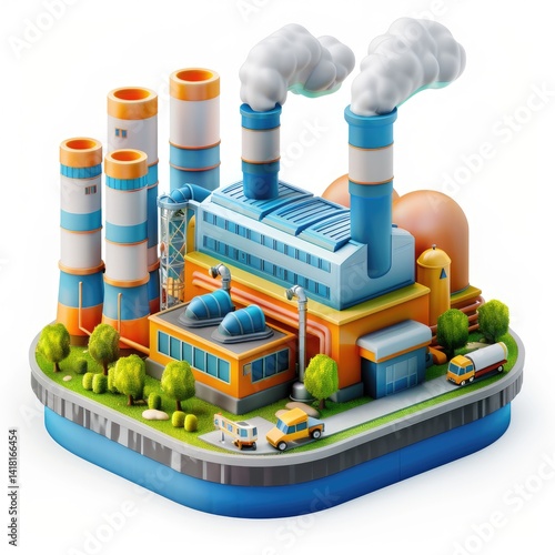 Colorful industrial complex with environmental features.