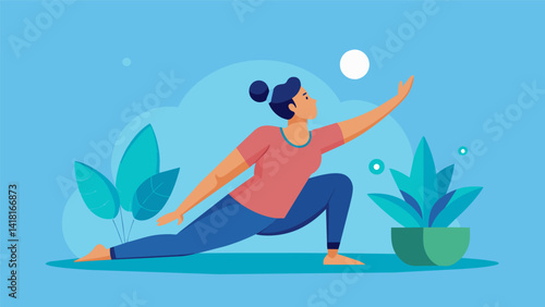 A person is transported to a peaceful and serene virtual world where they can perform stretching and relaxation exercises to improve their range of. Vector illustration