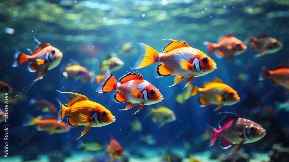 Naklejka premium A vibrant underwater scene featuring a line of colorful tropical fish swimming in shallow water