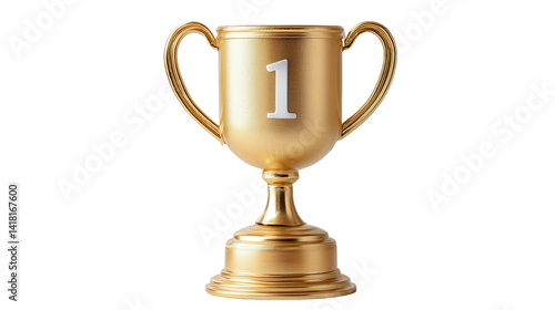 Detailed close-up front view of a prestigious 1st place trophy on transparent background. Golden award with intricate design elements perfect for victory concepts, competition visuals.