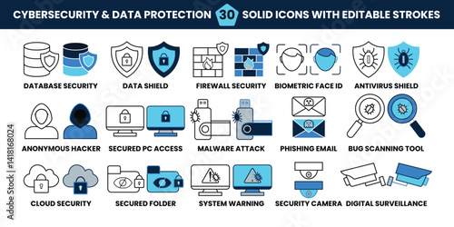 Cybersecurity and Data Protection Icon Set. High Quality Solid Vector Icons with Editable Strokes of Cybersecurity and Data Protection on Transparent Background. 