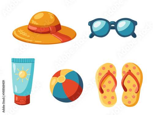 Summer Beach Accessories set of sunhat, sunglasses, sunscreen, ball and flip flops. Cartoon vector isolated illustration