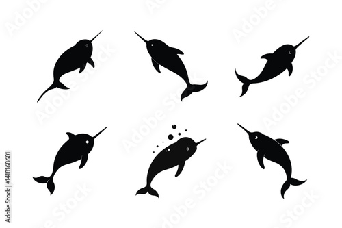 Narwhals Silhouette vector bundle  illustration, Set of Narwhals Silhouette 