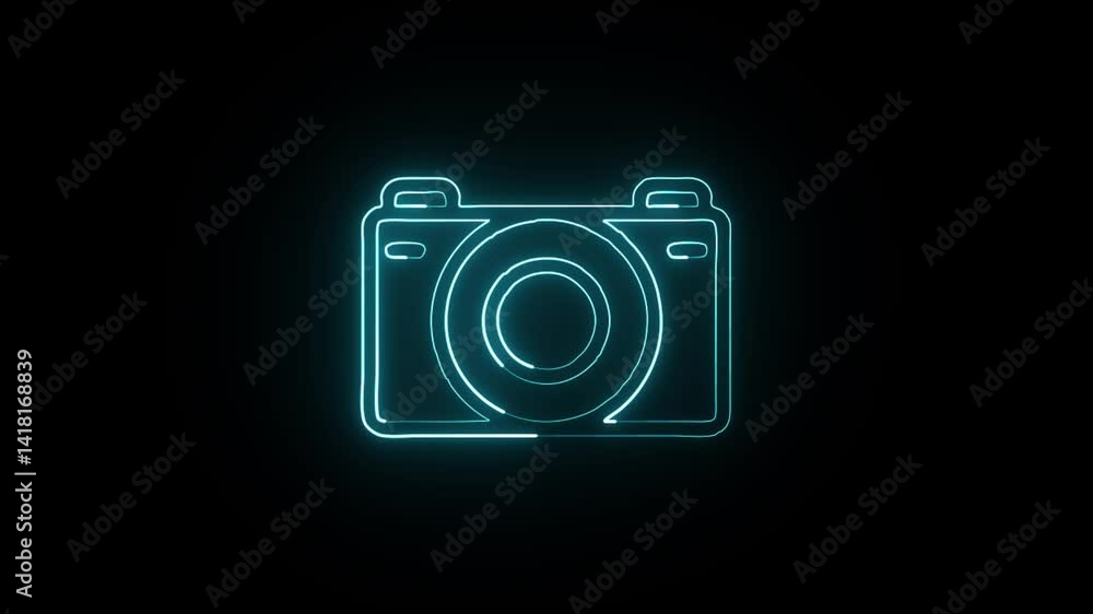 glowing neon camera free icon isolated, black background, HD motion graphic animation glowing neon camera free icon isolated, black background, HD motion graphic animation