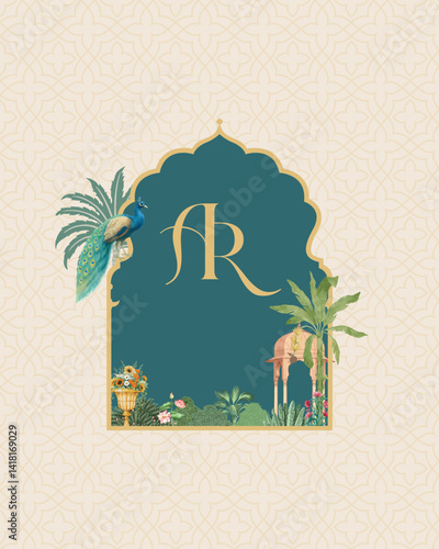 Traditional Mughal Wedding Monogram Design. Pichwai, Mughal, traditional theme Monogram 
design for wedding. 