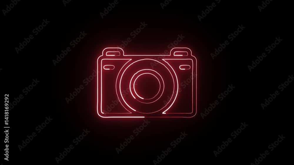 glowing neon camera free icon isolated, black background, HD motion graphic animation glowing neon camera free icon isolated, black background, HD motion graphic animation
