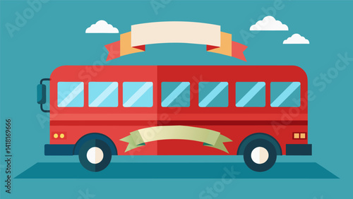 A shot of the bus fully loaded and ready to depart with a banner hung across the front displaying the trips destination.. Vector illustration