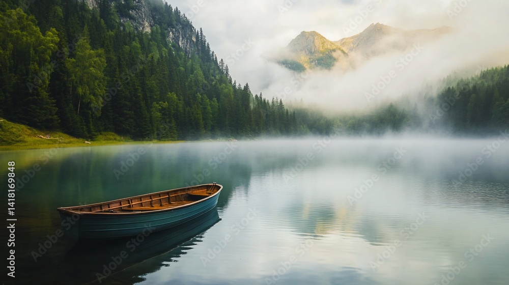 Fototapeta premium Serene Mountain Lake Scene with Fog and a Lone Boat in the Early Morning