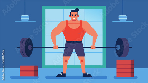 A muscular athlete stands in a virtual gym gripping onto a set of barbells as they prepare for their virtual weightlifting simulation.. Vector illustration