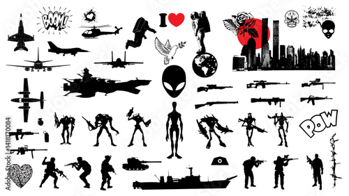 Alien War and Peace Silhouettes: An intriguing juxtaposition of war and peace symbols is shown through a set of graphic silhouettes of peace and conflict.