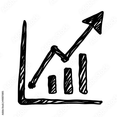 Hand-drawn rising graph icon with bars and upward arrow in rough lines - concept of success growth stats performance business