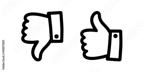 Minimalist thumbs up and thumbs down icons in outline style - concept of feedback opinion approval dislike like voting social