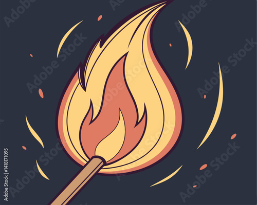 Burning Match Illustration: Flame, Fire, Light, and Ignition Vector Design.