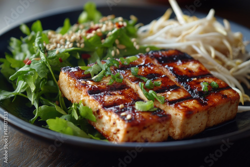 Wallpaper Mural Plate of food with grilled steak, roasted potatoes, and mixed greens, drizzled with balsamic glaze. Made with care and served on a rustic wooden table. Torontodigital.ca