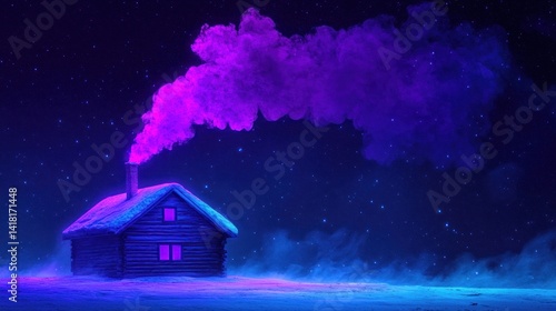 Wallpaper Mural Night cabin, purple smoke, snowy scene, winter fantasy Torontodigital.ca