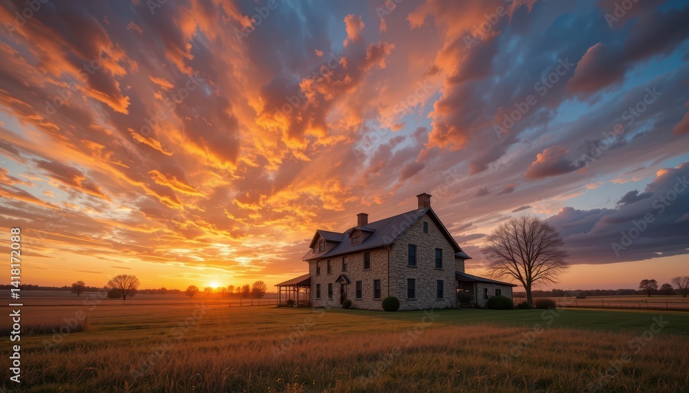 Majestic Sunset Over Historic Stone House in Peaceful Landscape Majestic Sunset Over Historic Stone House in Peaceful Landscape