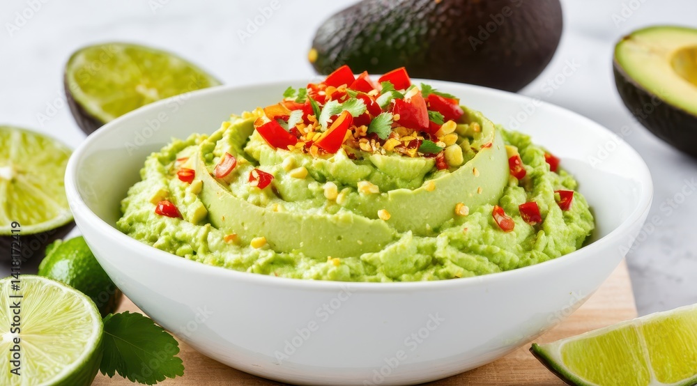 Creamy guacamole topped with vibrant red peppers and cilantro sits in a white bowl, surrounded by fresh avocados and lime halves Creamy guacamole topped with vibrant red peppers and cilantro sits in a white bowl, surrounded by fresh avocados and lime halves