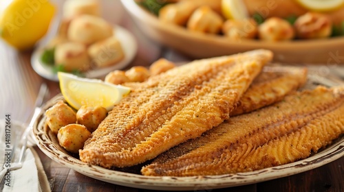 Fried catfish fillets cornmeal crust and hush puppies southern American seafood platter with lemon wedges