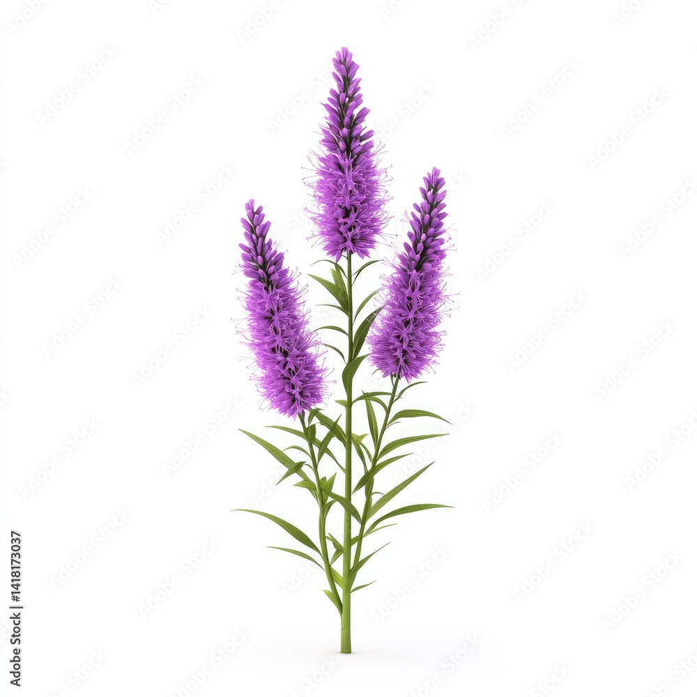 Naklejka premium Three vibrant purple flower clusters atop a green stem.