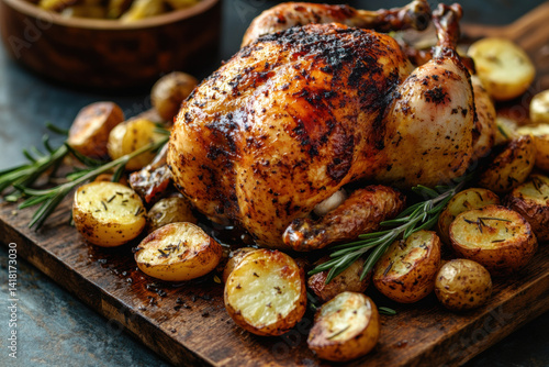 Roasted chicken with potatoes and rosemary on a rustic wooden table, ready to be served for a delicious family dinner.