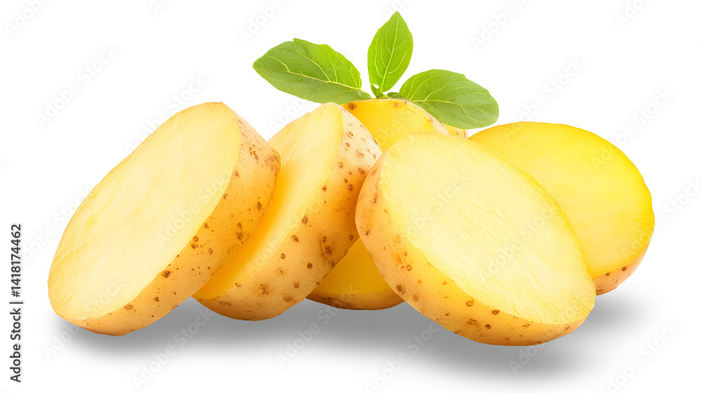 A pile of cut-up yellow potatoes with green leaves on top A pile of cut-up yellow potatoes with green leaves on top