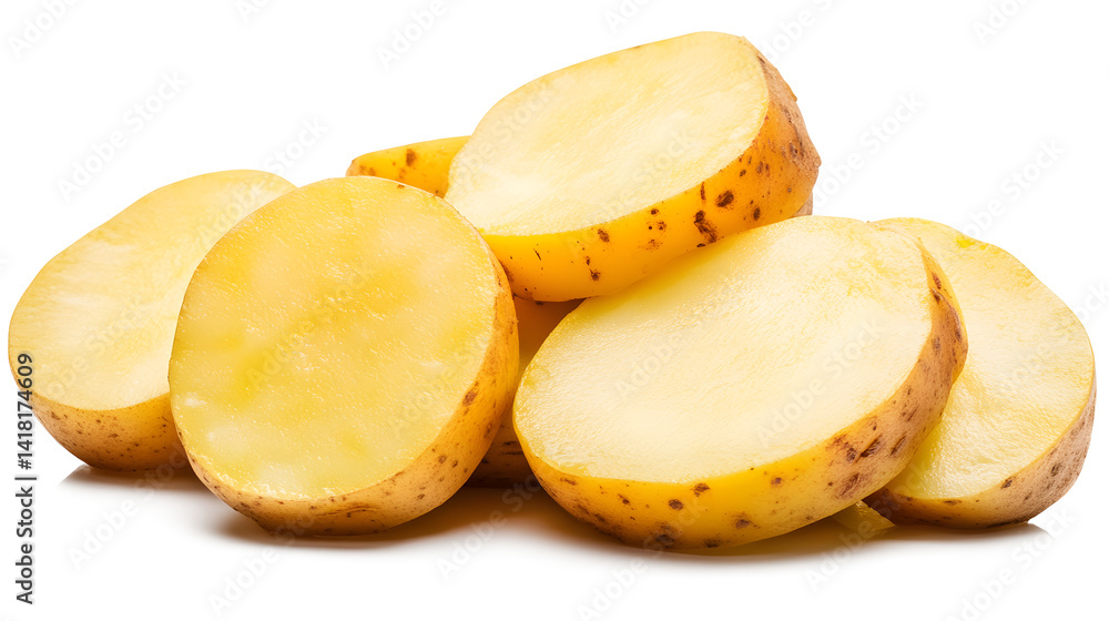 A pile of yellow potatoes, with some of them cut in half A pile of yellow potatoes, with some of them cut in half