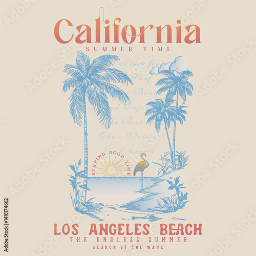 Women's beach T-shirt Printing, Retro Los Angeles, California beach vibes artwork, Surf club tee design. Sunshine Surf club artwork. vintage beach wear graphic design as vector, palm tree