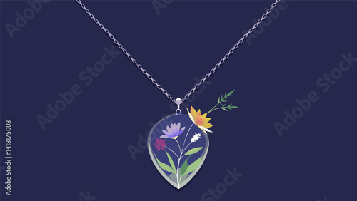 A stunning piece of jewelry made from handpicked wildflowers encased in resin and strung on a delicate silver chain preserving the beauty of nature. Vector illustration
