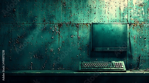Vintage Computer Setup Teal Metal Wall