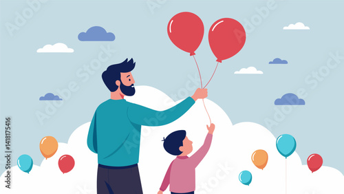 A father and son team writing messages of hope on balloons and releasing them into the sky representing their bond and shared aspirations.. Vector illustration