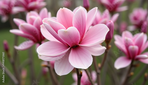 Delicate magnolia flowers radiate beauty in a garden, their soft pink petals unfolding under the warm spring sun, surrounded by greenery that enhances their charm Generative AI