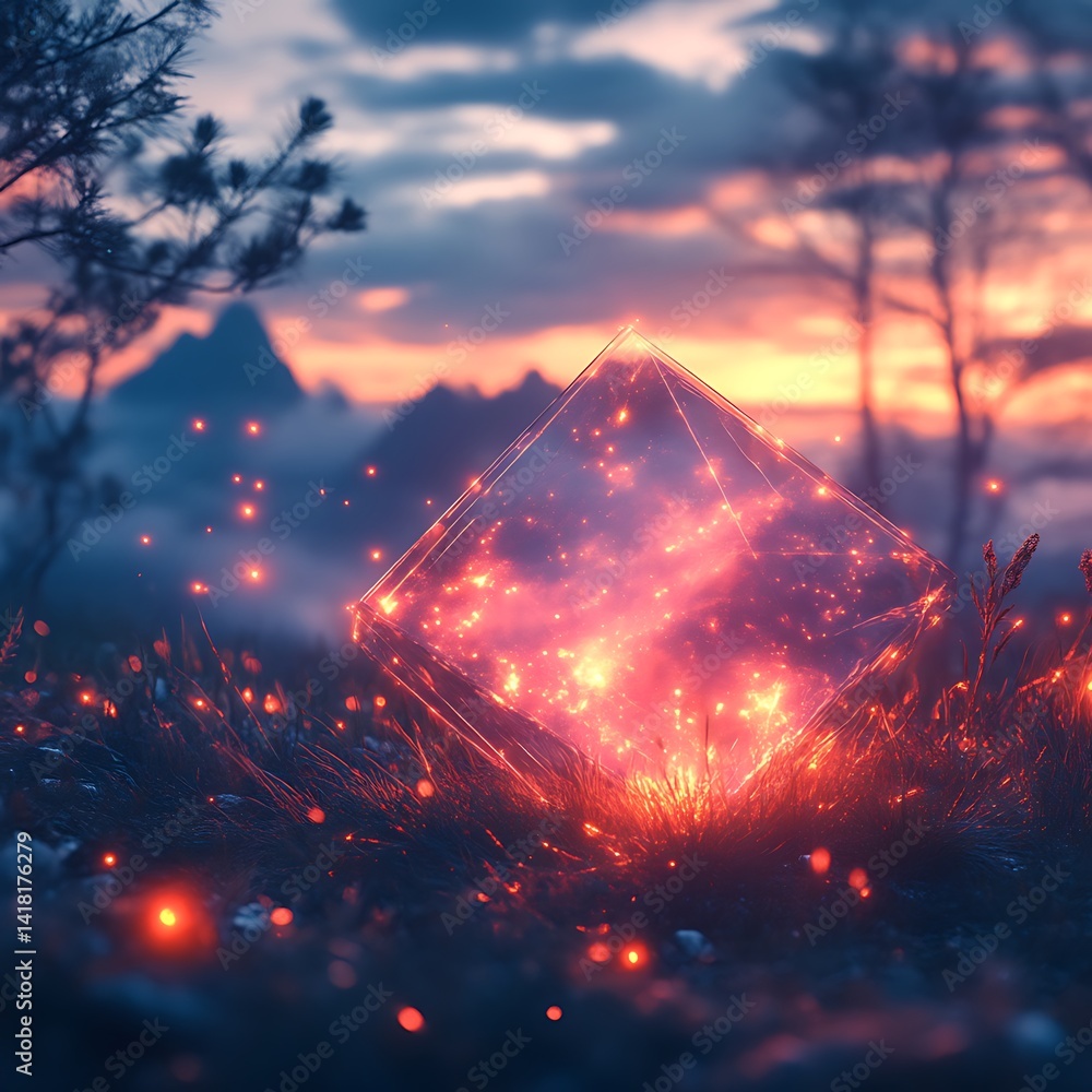 An ethereal glowing crystal cube rests on a grassy hillside An ethereal glowing crystal cube rests on a grassy hillside