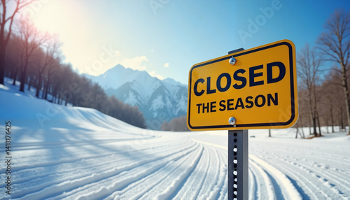 Closed season sign in snow-covered landscape  
