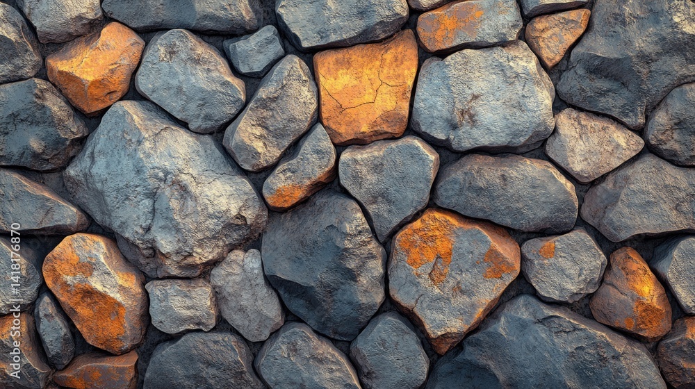 Obraz premium Gray and orange stones create a textured wall.