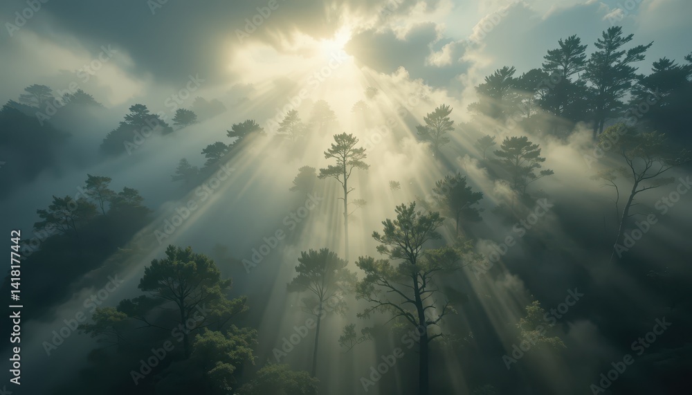 Obraz premium Ethereal Sunlight Breaking Through Misty Forest Canopy at Dawn