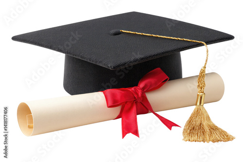 A celebratory graduation cap and diploma tied with a vibrant red ribbon, symbolizing academic achievement and future success against a clean white background.