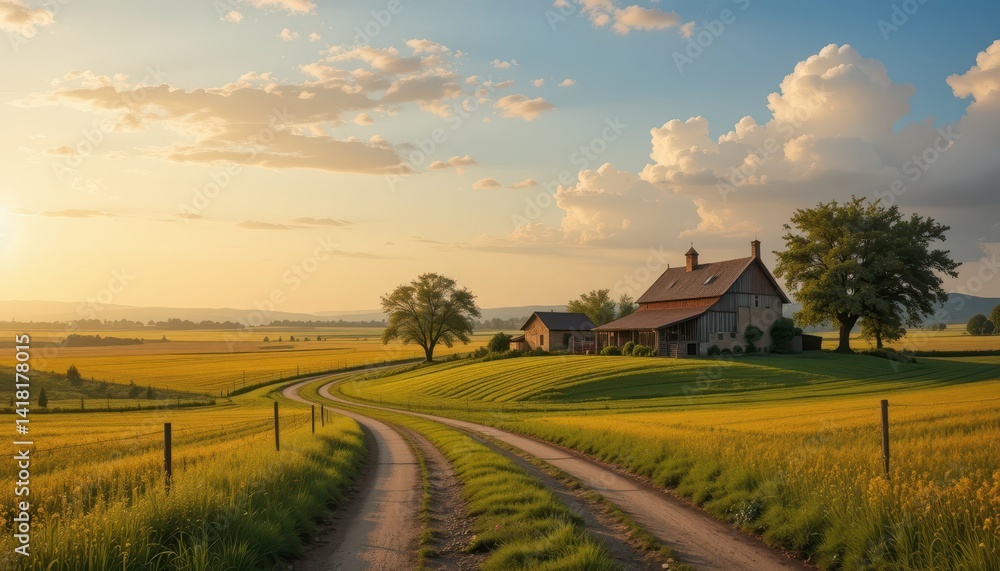 Fototapeta premium Serene Farm Landscape at Sunset with Vintage House and Road