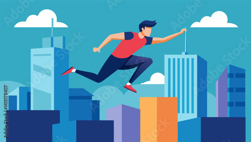 A parkour athlete leaping and flipping through a virtual cityscape testing their agility and building their strength for their next urban exploration. Vector illustration