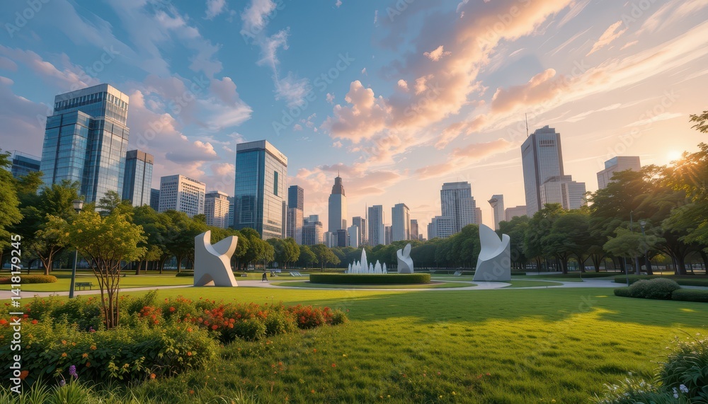 Fototapeta premium Urban Park with Modern Sculptures and City Skyline at Sunset