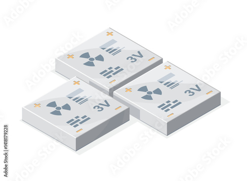 Isometric illustration of compact 3V nuclear batteries designed for long-term energy supply in isolated or remote electronic devices