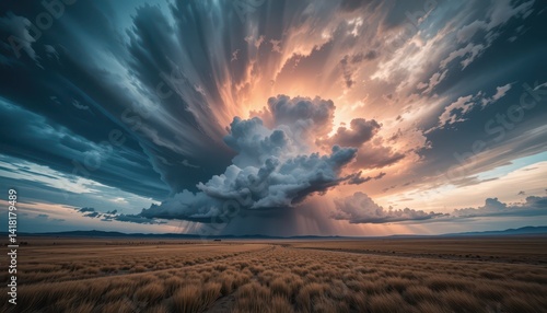 Dramatic Sky With Clouds and Sunrise Over Open Field Landscape
