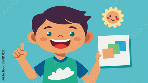 A boy with a huge smile on his face as he shows off his fingerpainted masterpiece to his fellow classmates.. Vector illustration