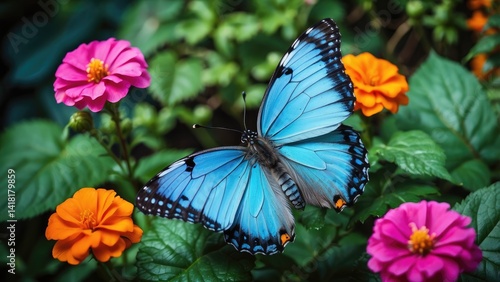 A vibrant blue butterfly with striking iridescent wings rests atop clusters of delicate light blue flowers