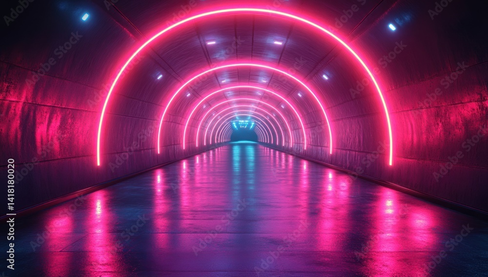 Neon lights form arches in a tunnel with a reflective floor. Neon lights form arches in a tunnel with a reflective floor.