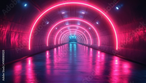 Neon lights form arches in a tunnel with a reflective floor.