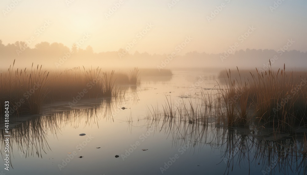 Fototapeta premium Serene Misty Landscape at Dawn with Still Water and Reeds